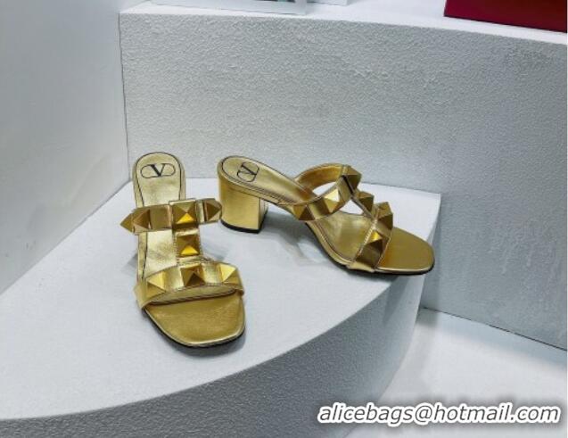 Most Popular Valentino Roman Stud Leather Medium Heel Slide Sandals 4.5cm Gold 070450