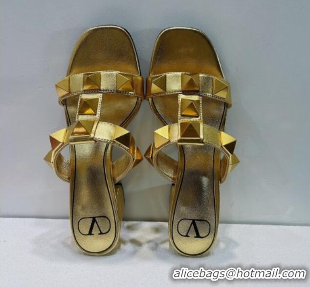 Most Popular Valentino Roman Stud Leather Medium Heel Slide Sandals 4.5cm Gold 070450