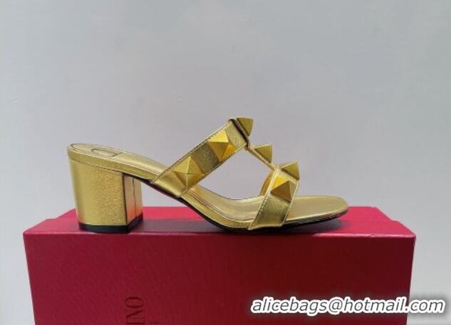 Most Popular Valentino Roman Stud Leather Medium Heel Slide Sandals 4.5cm Gold 070450