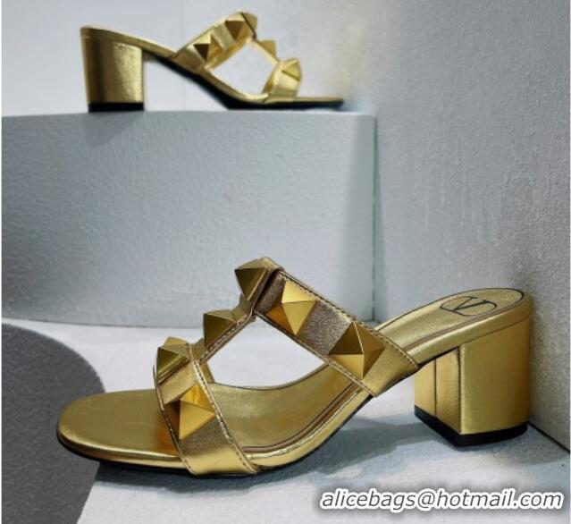 Most Popular Valentino Roman Stud Leather Medium Heel Slide Sandals 4.5cm Gold 070450