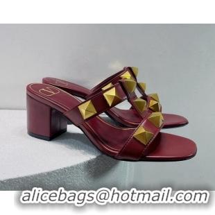 Low Price Valentino Roman Stud Leather Medium Heel Slide Sandals 4.5cm Burgundy 070451