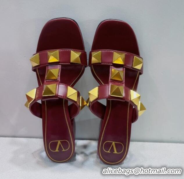 Low Price Valentino Roman Stud Leather Medium Heel Slide Sandals 4.5cm Burgundy 070451