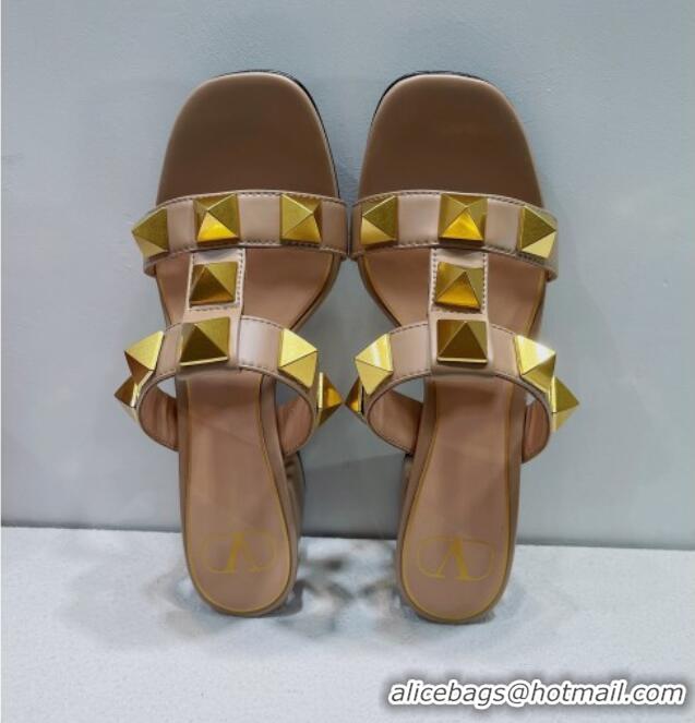 Pretty Style Valentino Roman Stud Leather Medium Heel Slide Sandals 4.5cm Nude 070452