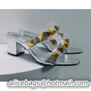 Best Product Valentino Roman Stud Leather Medium Heel Slide Sandals 4.5cm Silver 070453