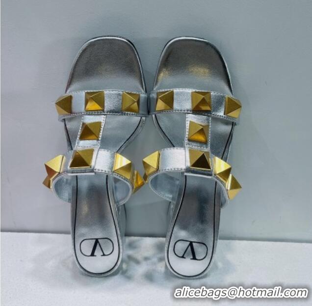 Best Product Valentino Roman Stud Leather Medium Heel Slide Sandals 4.5cm Silver 070453