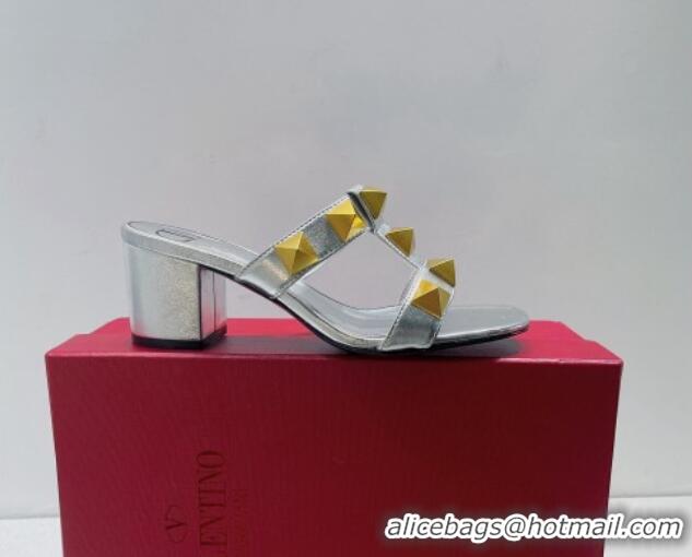 Best Product Valentino Roman Stud Leather Medium Heel Slide Sandals 4.5cm Silver 070453