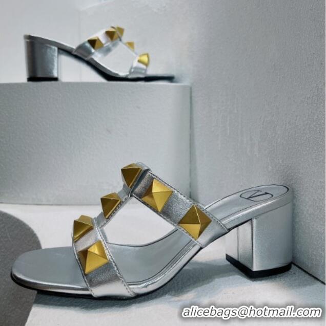 Best Product Valentino Roman Stud Leather Medium Heel Slide Sandals 4.5cm Silver 070453