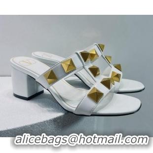 Top Grade Valentino Roman Stud Leather Medium Heel Slide Sandals 4.5cm White 070454