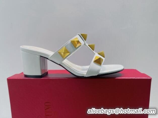 Top Grade Valentino Roman Stud Leather Medium Heel Slide Sandals 4.5cm White 070454