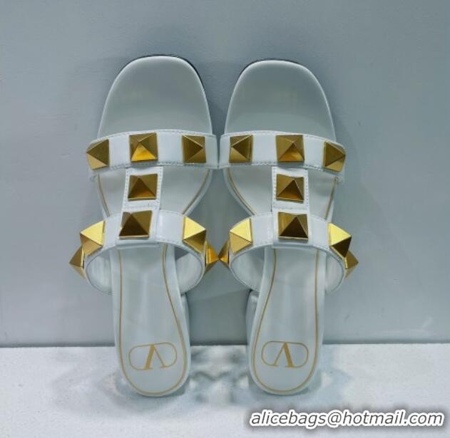 Top Grade Valentino Roman Stud Leather Medium Heel Slide Sandals 4.5cm White 070454