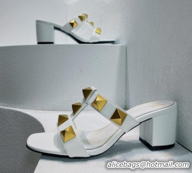 Top Grade Valentino Roman Stud Leather Medium Heel Slide Sandals 4.5cm White 070454