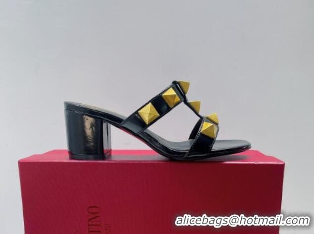 Perfect Valentino Roman Stud Leather Medium Heel Slide Sandals 4.5cm Black 070455