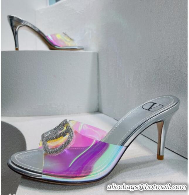 Purchase Valentino VLogo Crystal PVC Heel Slide Sandals 8cm Silver 070458