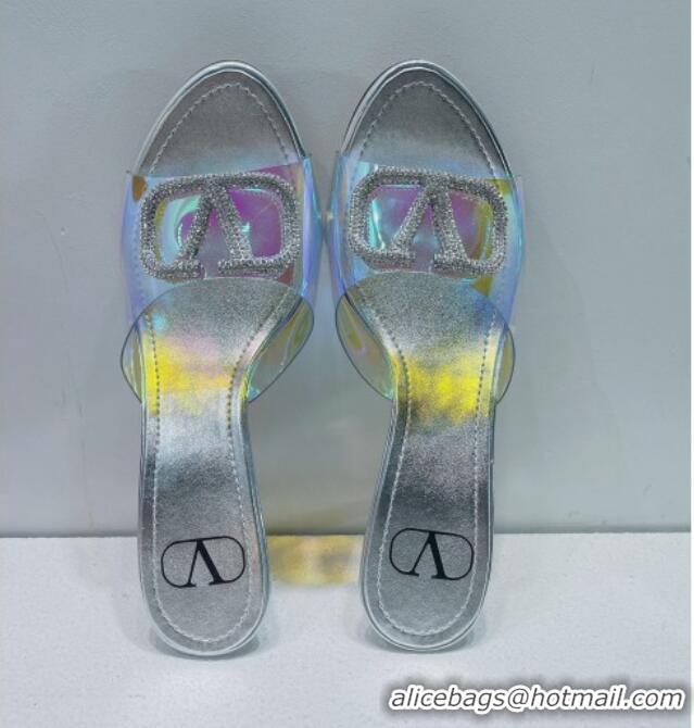 Purchase Valentino VLogo Crystal PVC Heel Slide Sandals 8cm Silver 070458