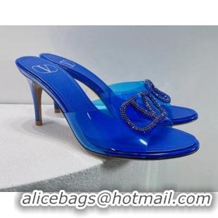 Good Quality Valentino VLogo Crystal PVC Heel Slide Sandals 8cm Blue 070460