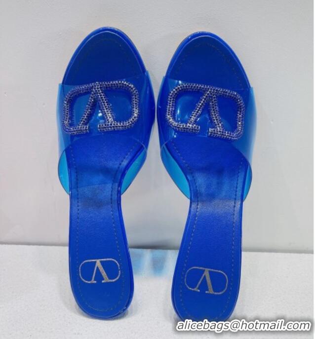 Good Quality Valentino VLogo Crystal PVC Heel Slide Sandals 8cm Blue 070460