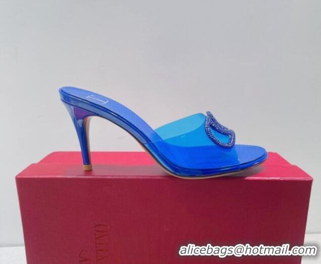 Good Quality Valentino VLogo Crystal PVC Heel Slide Sandals 8cm Blue 070460