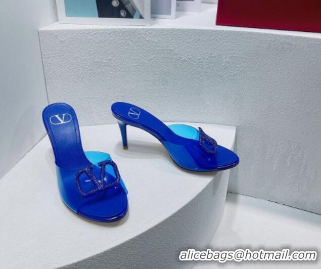 Good Quality Valentino VLogo Crystal PVC Heel Slide Sandals 8cm Blue 070460