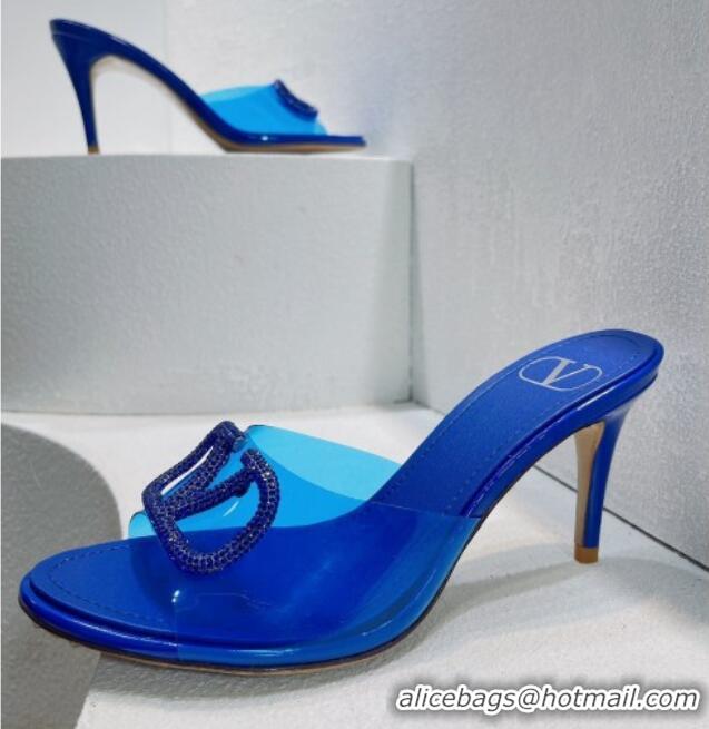 Good Quality Valentino VLogo Crystal PVC Heel Slide Sandals 8cm Blue 070460