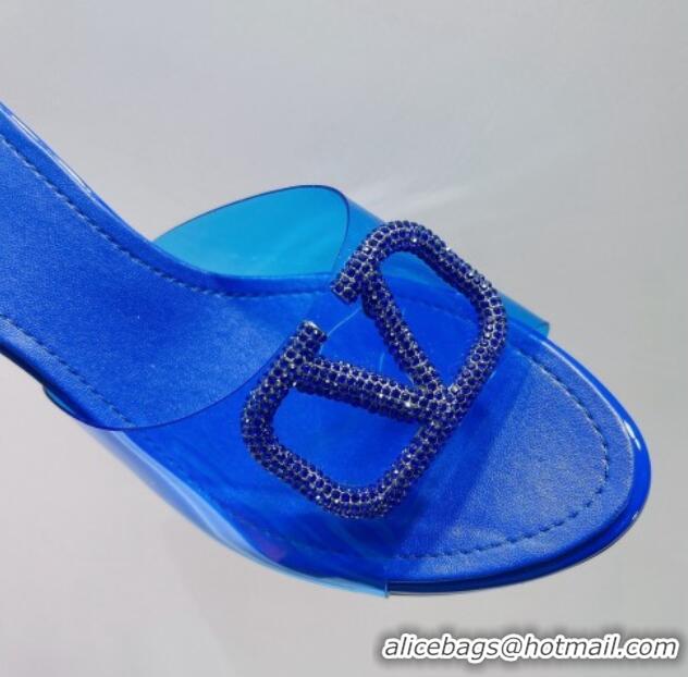 Good Quality Valentino VLogo Crystal PVC Heel Slide Sandals 8cm Blue 070460