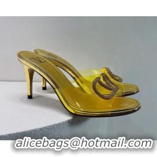 Classic Hot Valentino VLogo Crystal PVC Heel Slide Sandals 8cm Gold 2070461