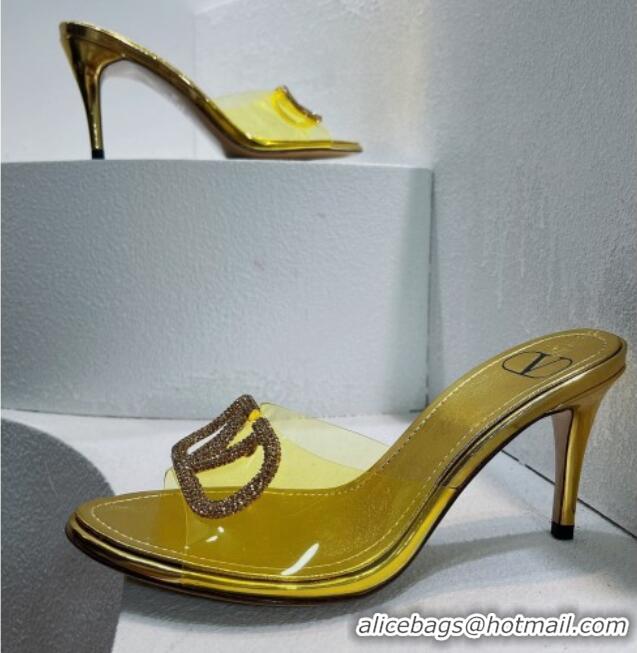 Classic Hot Valentino VLogo Crystal PVC Heel Slide Sandals 8cm Gold 2070461