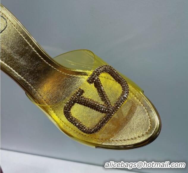 Classic Hot Valentino VLogo Crystal PVC Heel Slide Sandals 8cm Gold 2070461