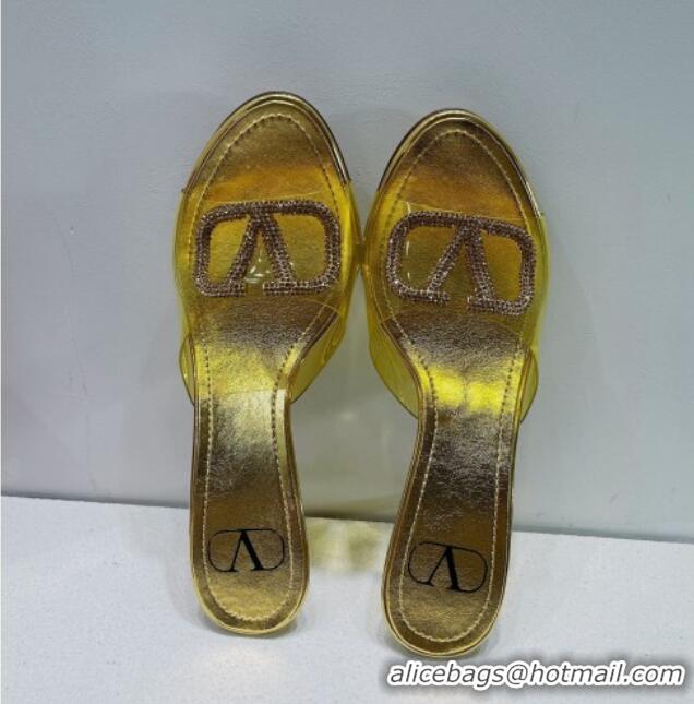 Classic Hot Valentino VLogo Crystal PVC Heel Slide Sandals 8cm Gold 2070461