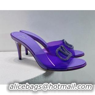 Unique Style Valentino VLogo Crystal PVC Heel Slide Sandals 8cm Purple 070462