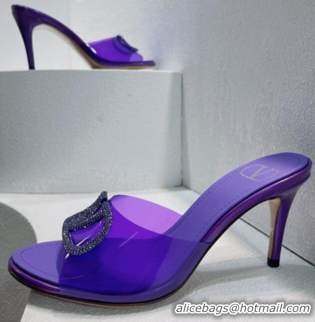 Unique Style Valentino VLogo Crystal PVC Heel Slide Sandals 8cm Purple 070462