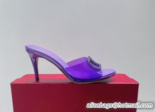 Unique Style Valentino VLogo Crystal PVC Heel Slide Sandals 8cm Purple 070462