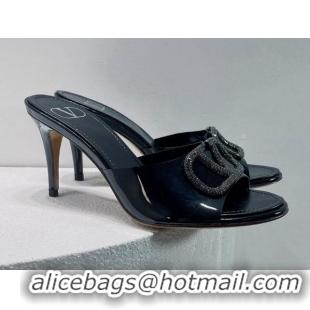 Good Looking Valentino VLogo Crystal PVC Heel Slide Sandals 8cm Black 070463