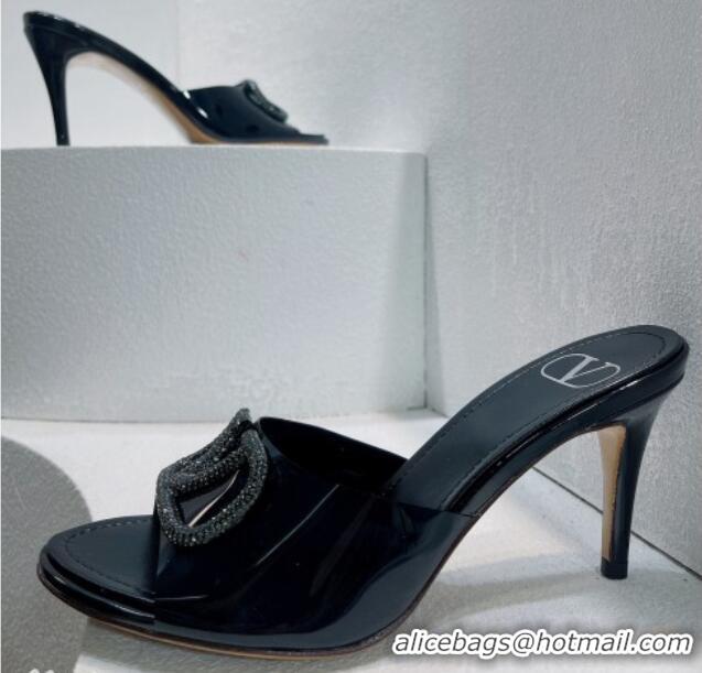 Good Looking Valentino VLogo Crystal PVC Heel Slide Sandals 8cm Black 070463