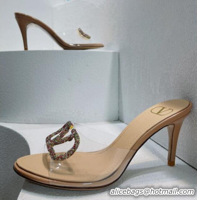 Low Price Valentino VLogo Crystal PVC Heel Slide Sandals 8cm Nude 070464