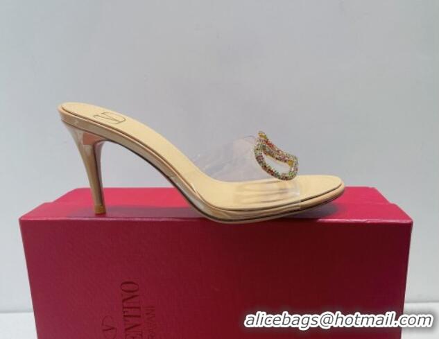 Low Price Valentino VLogo Crystal PVC Heel Slide Sandals 8cm Nude 070464