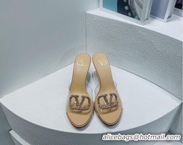 Low Price Valentino VLogo Crystal PVC Heel Slide Sandals 8cm Nude 070464