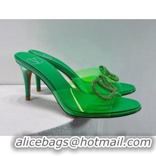 Popular Style Valentino VLogo Crystal PVC Heel Slide Sandals 8cm Green 070465