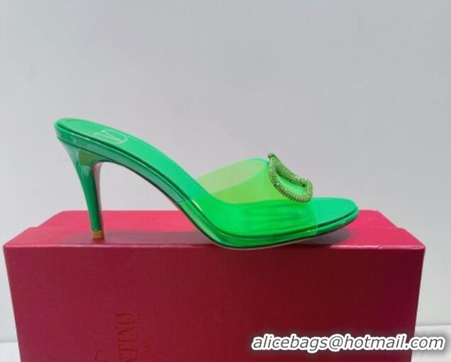 Popular Style Valentino VLogo Crystal PVC Heel Slide Sandals 8cm Green 070465