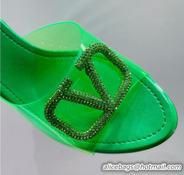 Popular Style Valentino VLogo Crystal PVC Heel Slide Sandals 8cm Green 070465