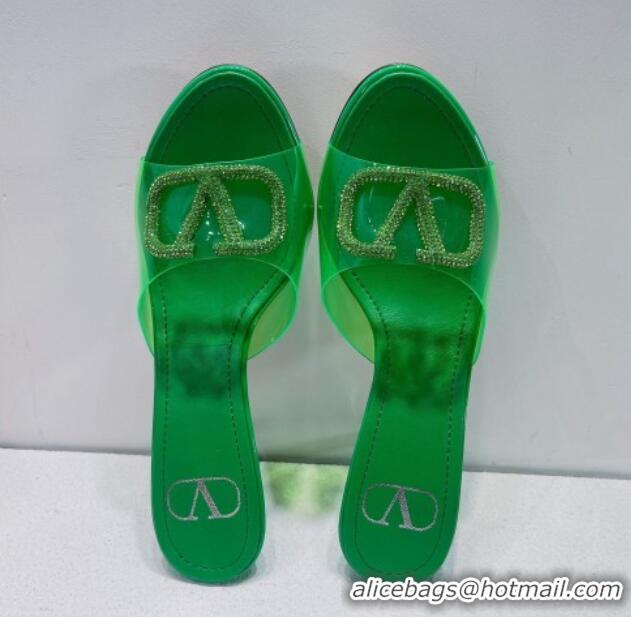 Popular Style Valentino VLogo Crystal PVC Heel Slide Sandals 8cm Green 070465