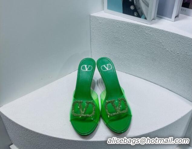 Popular Style Valentino VLogo Crystal PVC Heel Slide Sandals 8cm Green 070465