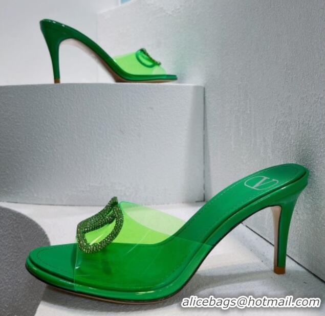 Popular Style Valentino VLogo Crystal PVC Heel Slide Sandals 8cm Green 070465