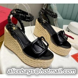 Sumptuous Valentino VLogo Calfskin Wedge Platform Sandals 9cm 072072 Black