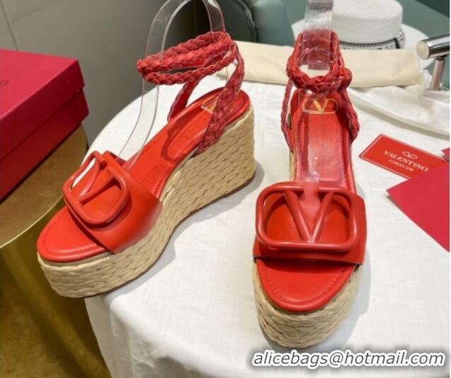 Best Price Valentino VLogo Calfskin Wedge Platform Sandals 9cm Red 072076