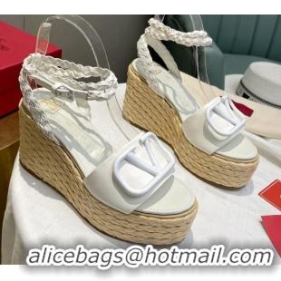 Good Quality Valentino VLogo Calfskin Wedge Platform Sandals 9cm White 072077