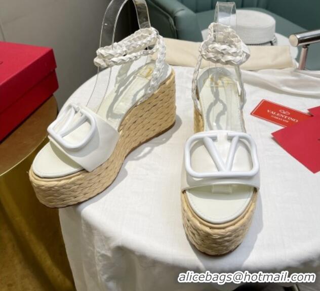 Good Quality Valentino VLogo Calfskin Wedge Platform Sandals 9cm White 072077