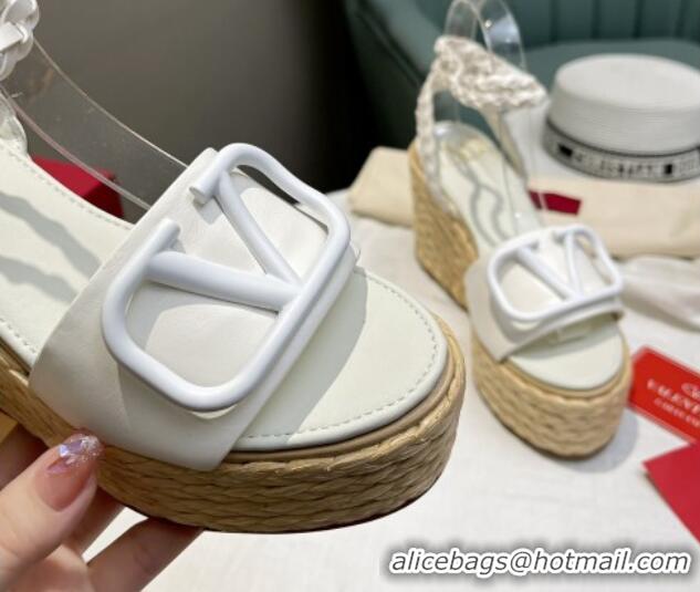 Good Quality Valentino VLogo Calfskin Wedge Platform Sandals 9cm White 072077