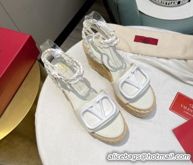 Good Quality Valentino VLogo Calfskin Wedge Platform Sandals 9cm White 072077