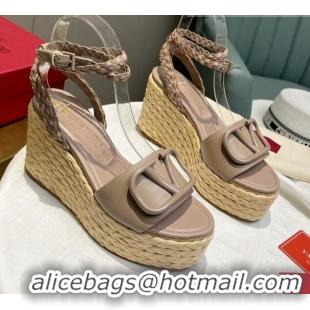 Luxurious Valentino VLogo Calfskin Wedge Platform Sandals 9cm Dusty Pink/Khaki 072078