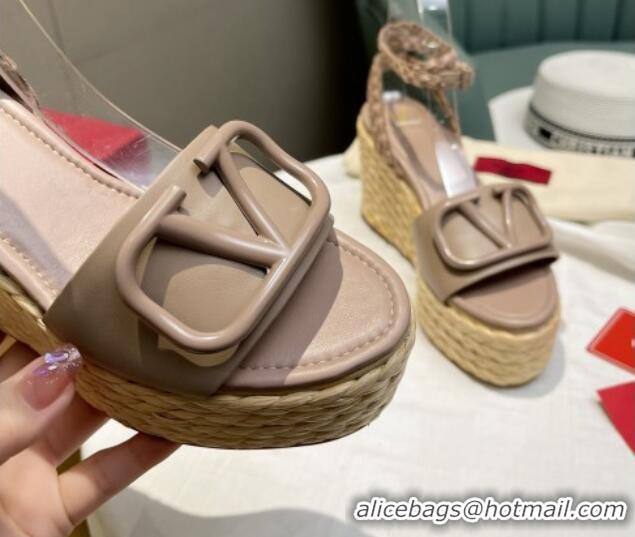 Luxurious Valentino VLogo Calfskin Wedge Platform Sandals 9cm Dusty Pink/Khaki 072078